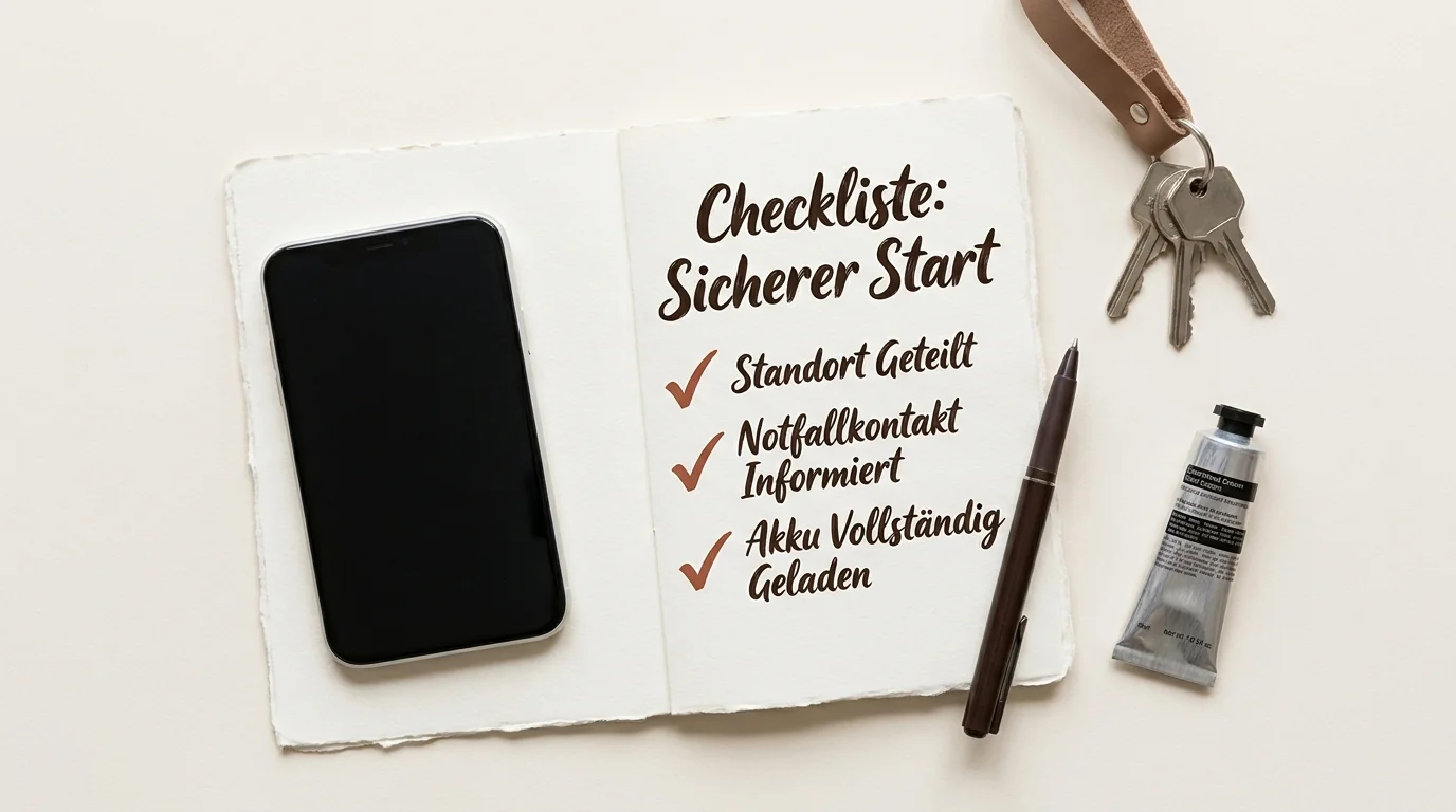 Eine strukturierte Checkliste auf einem Tisch mit Smartphone und Schlüsseln zur Vorbereitung auf ein sicheres erstes Treffen in Markenfarben.