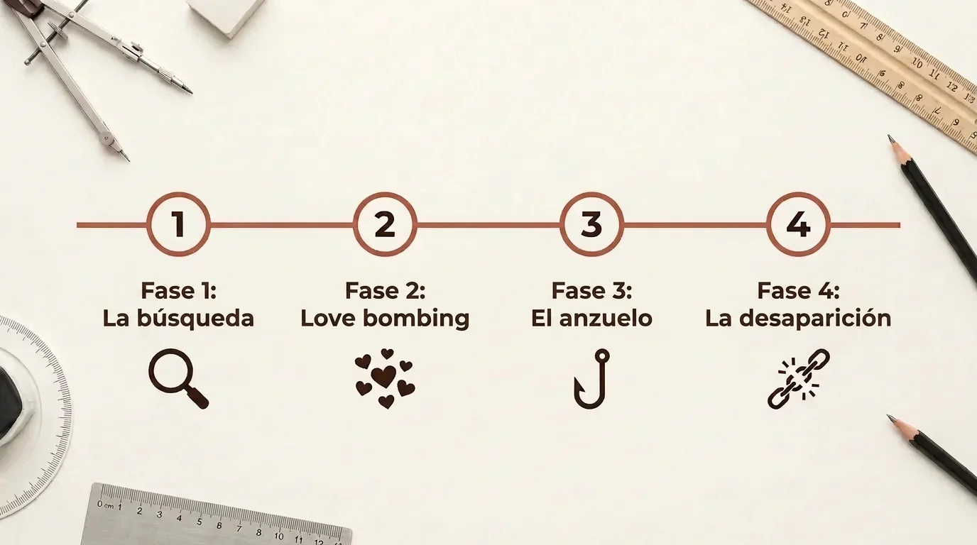 Infografía con las cuatro fases de una estafa romántica: la búsqueda, el love bombing, el anzuelo y la desaparición.