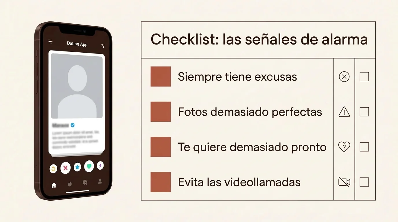Checklist de señales de alarma de una estafa romántica: siempre tiene excusas, fotos demasiado perfectas, te quiere demasiado pronto y evita las videollamadas.