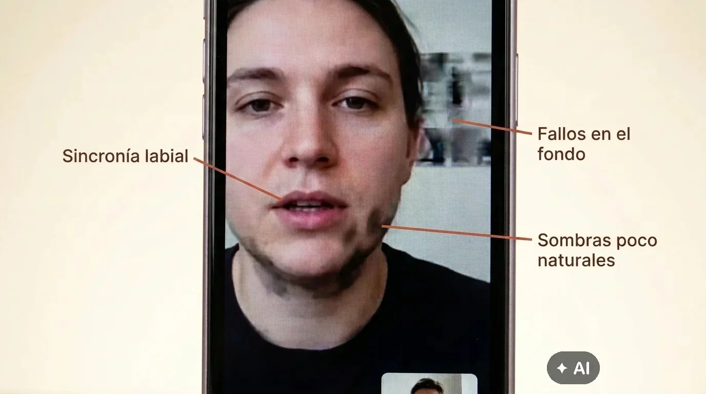 Vista detallada de un smartphone con consejos para detectar deepfakes de IA, como sombras poco naturales y falta de sincronización labial.