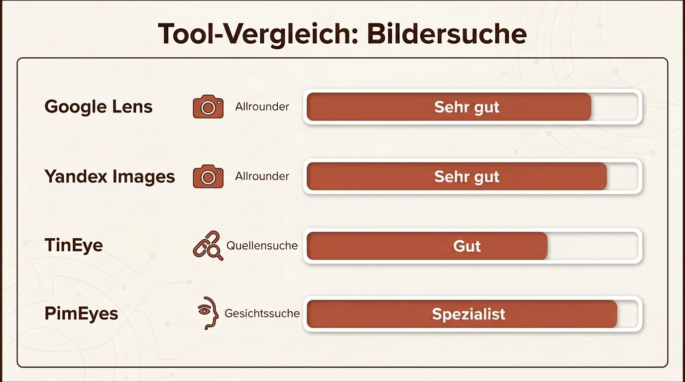 Vergleichstabelle der besten Tools für die Bilder-Rückwärtssuche inklusive Google Lens, Yandex und PimEyes mit Bewertung der Effektivität.