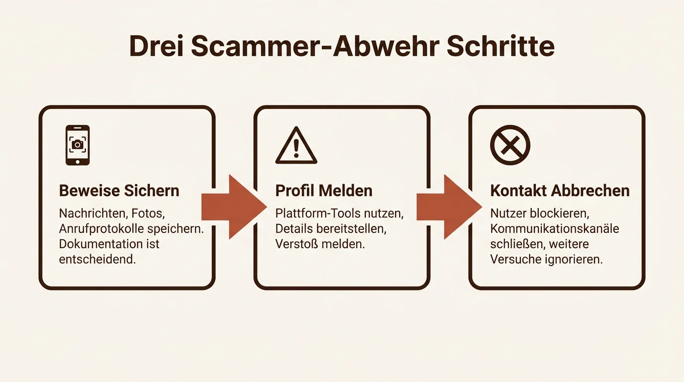 Prozess-Diagramm mit drei Schritten nach der Entlarvung eines Fake-Profils: Beweise sichern, Profil melden und Kontakt abbrechen.
