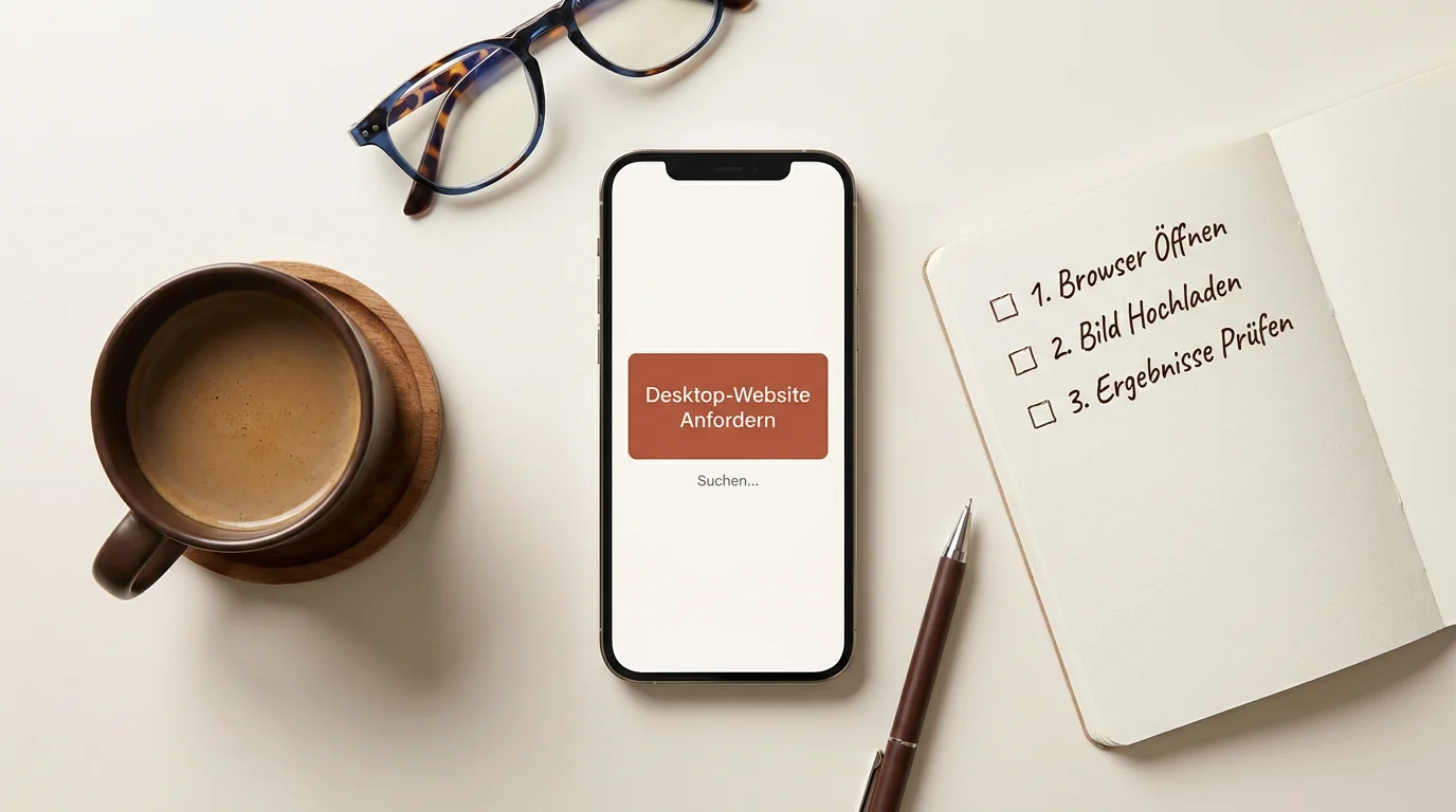 Flat-Lay eines Smartphones mit der Anleitung zur mobilen Bilder-Rückwärtssuche und dem Aktivieren der Desktop-Ansicht auf Deutsch.