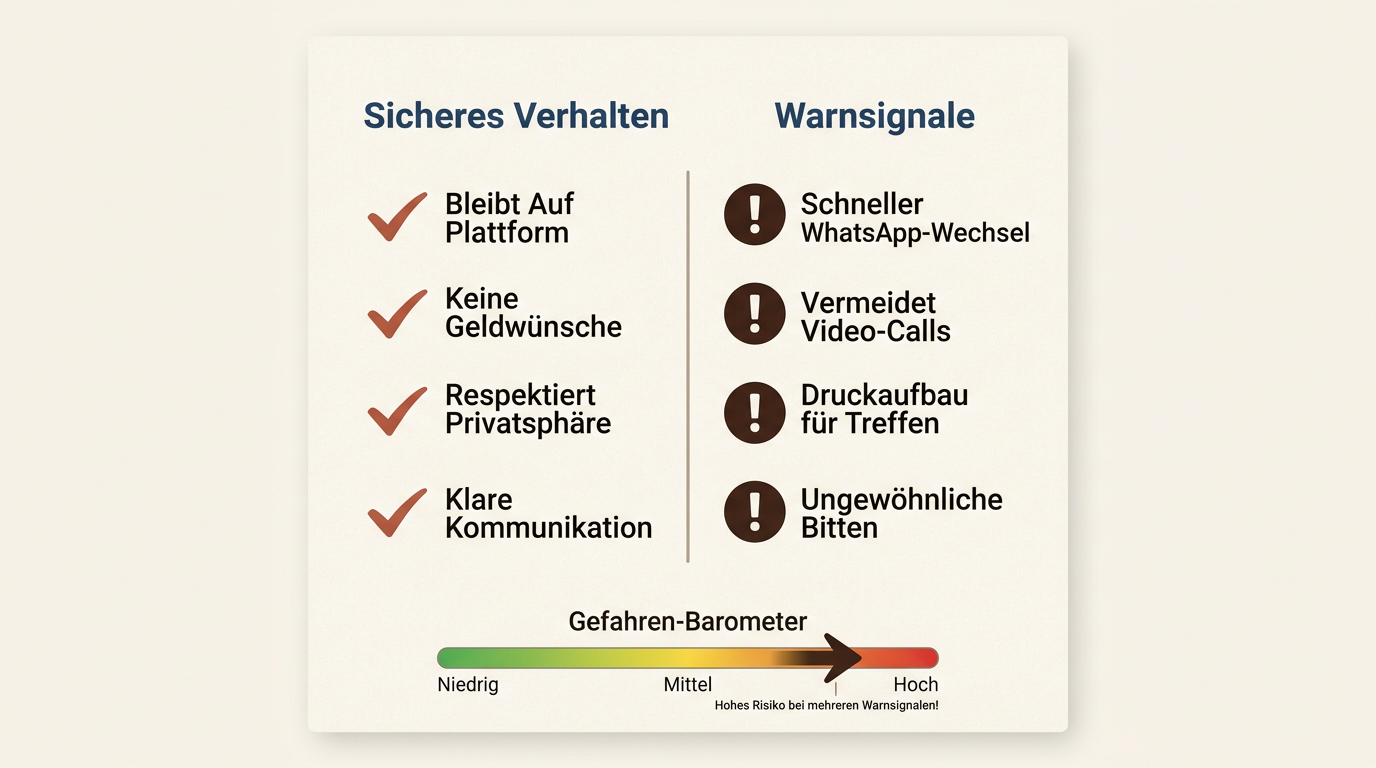 Checkliste mit Warnsignalen und sicherem Verhalten beim Online-Dating zur Vermeidung von Romance Scamming.