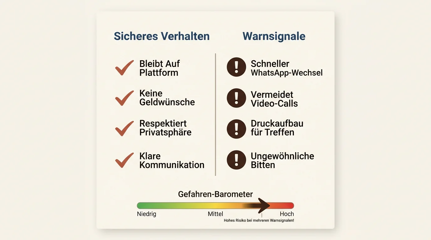 Checkliste mit Warnsignalen und sicherem Verhalten beim Online-Dating zur Vermeidung von Romance Scamming.