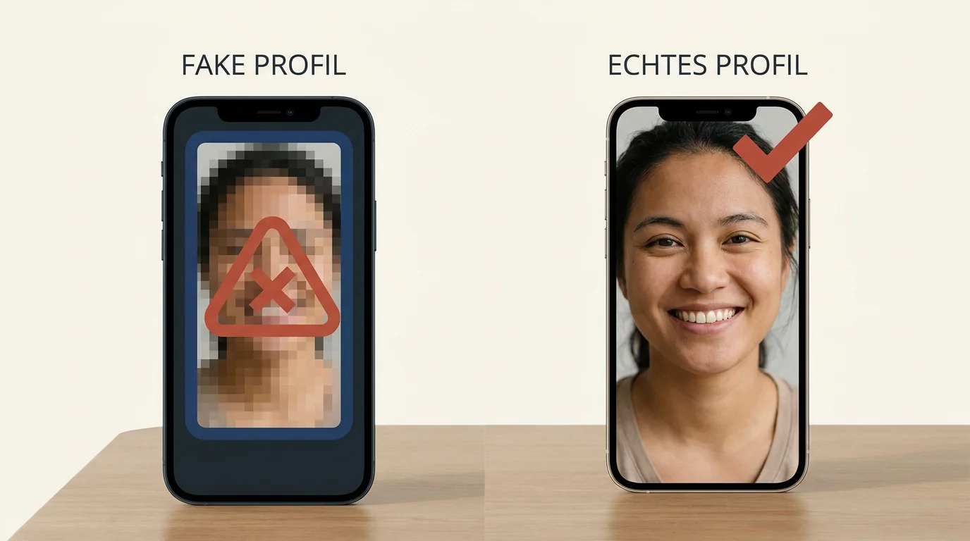 Ein Vergleich zwischen einem verdächtigen und einem verifizierten Online-Dating-Profil zur Erkennung von Fake-Accounts.