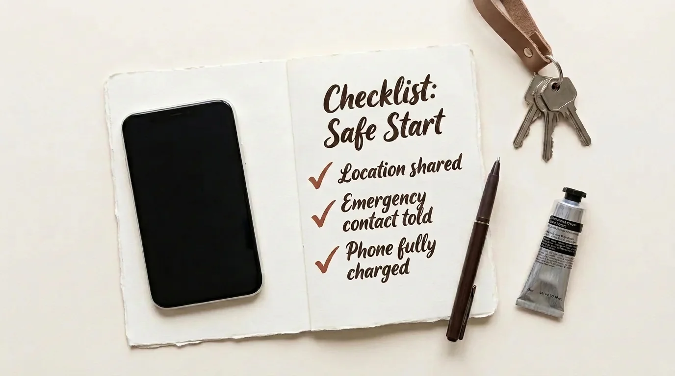 A structured checklist on a table with a smartphone and keys for preparing for a safe first date, in brand colours.