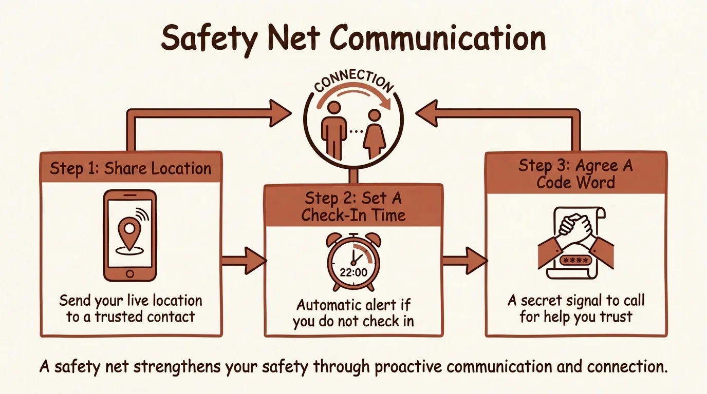 A schematic diagram showing the flow of safety communication with an emergency contact during a date.
