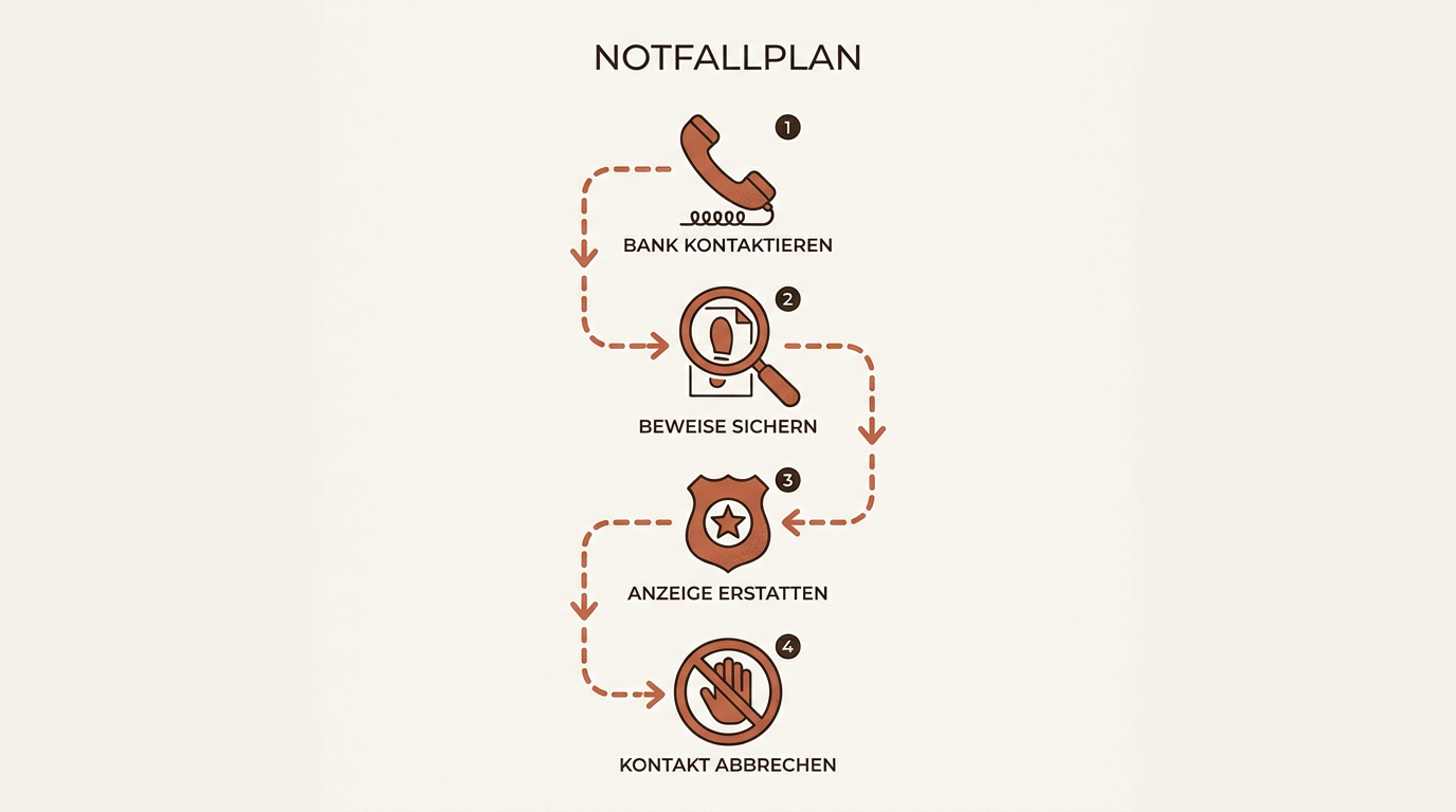 Grafik zeigt einen 4-Schritte Notfallplan nach Online-Betrug: Bank kontaktieren, Beweise sichern, Anzeige erstatten und Kontakt abbrechen.