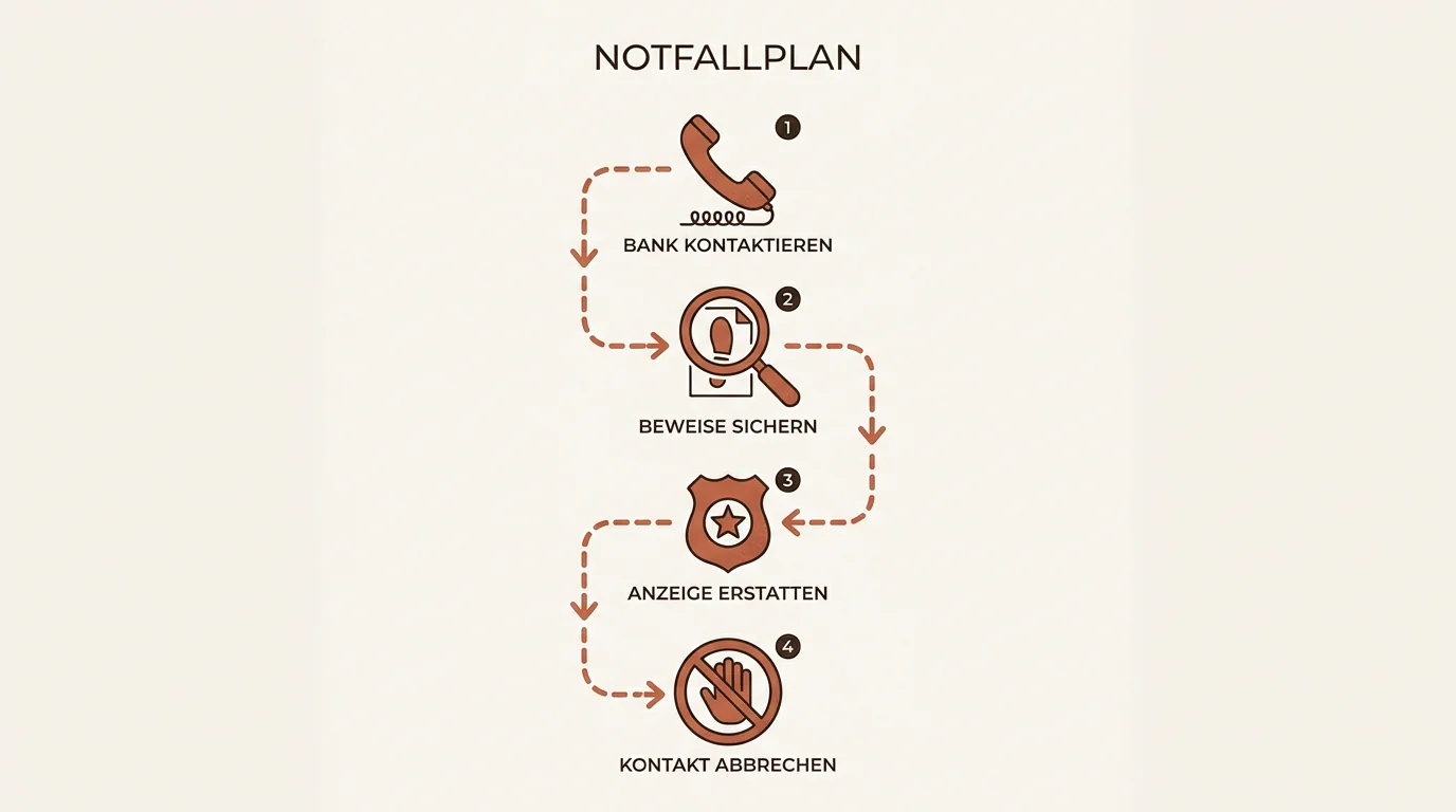 Grafik zeigt einen 4-Schritte Notfallplan nach Online-Betrug: Bank kontaktieren, Beweise sichern, Anzeige erstatten und Kontakt abbrechen.