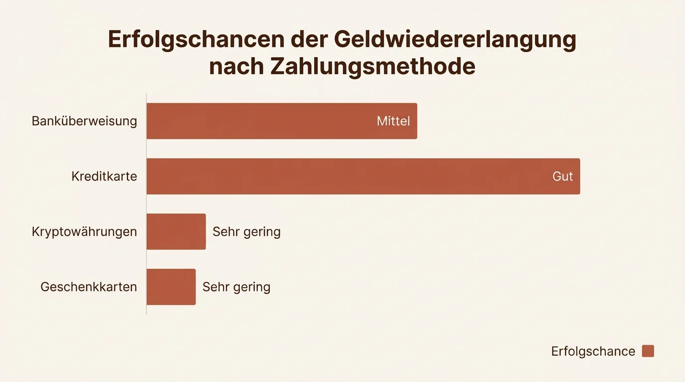 Ein Balkendiagramm vergleicht die Erfolgschancen der Geld-Rückholung bei Überweisungen, Kreditkarten, Kryptowährungen und Geschenkkarten.