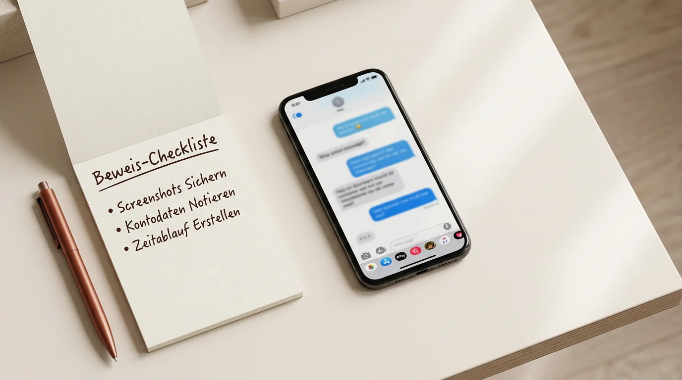 Ein Flat-Lay Foto zeigt ein Smartphone und eine Checkliste zur Beweissicherung mit den Punkten Screenshots, Kontodaten und Zeitablauf.