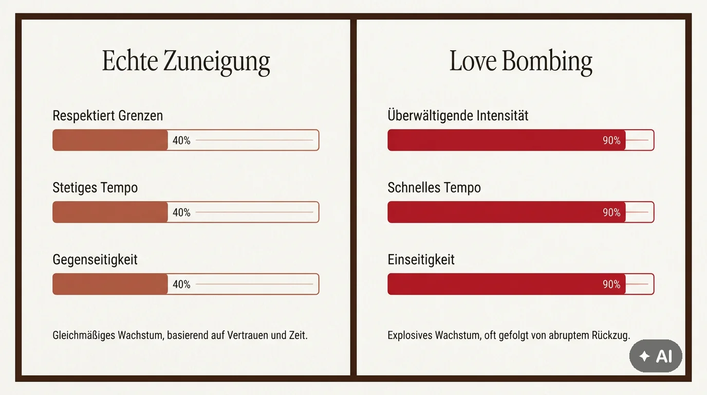 Ein grafischer Vergleich zwischen echter Zuneigung und Love Bombing zeigt Unterschiede in der Respektierung von Grenzen und dem Tempo der Beziehung.