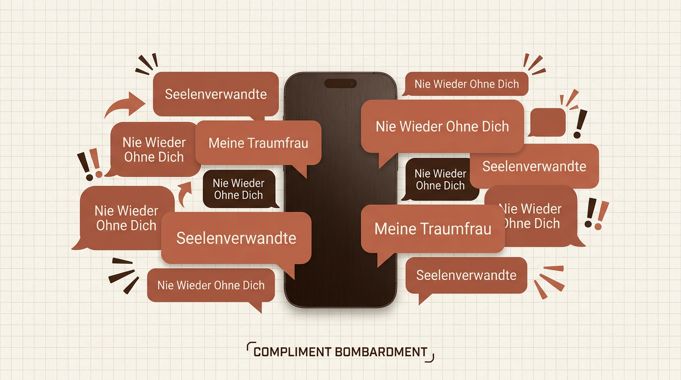 Eine Illustration zeigt ein Smartphone umgeben von intensiven Komplimenten wie Seelenverwandte als Warnsignale für Love Bombing beim digitalen Dating.