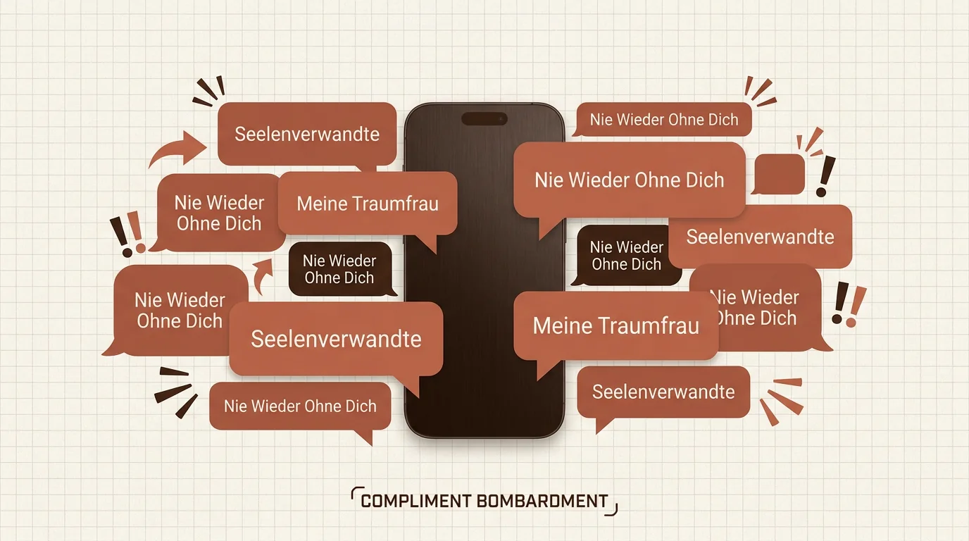 Eine Illustration zeigt ein Smartphone umgeben von intensiven Komplimenten wie Seelenverwandte als Warnsignale für Love Bombing beim digitalen Dating.