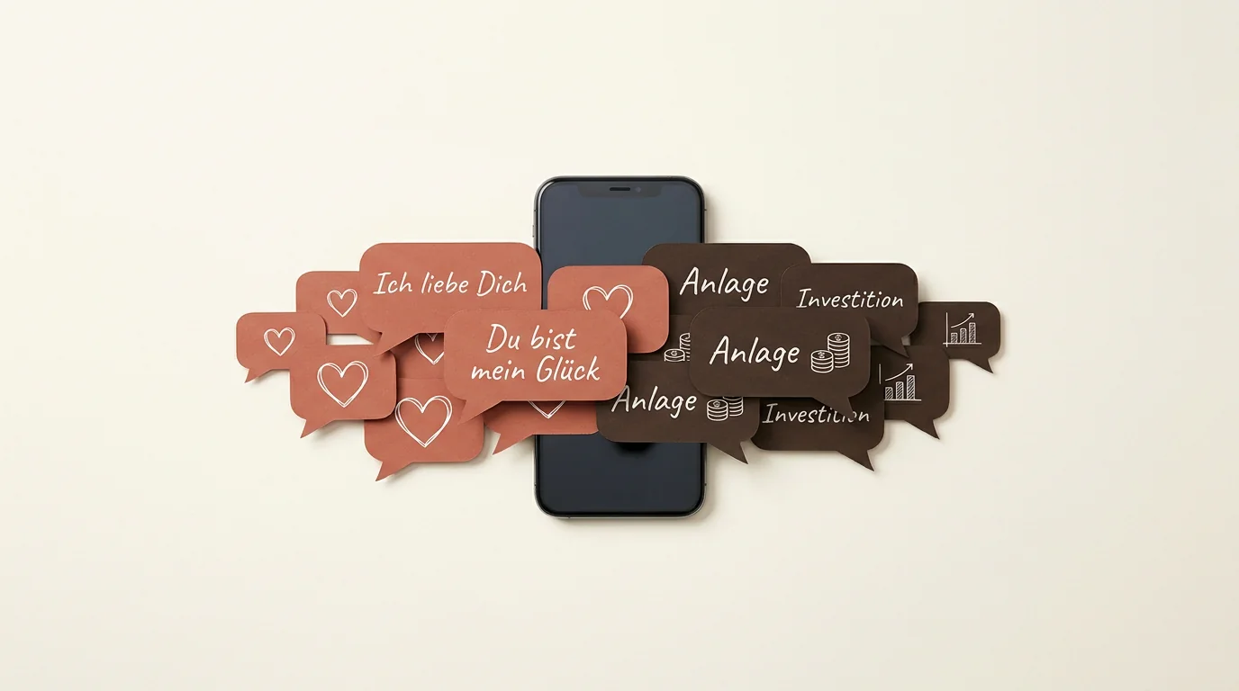 Infografik zum Übergang von Love Bombing zu betrügerischen Geldforderungen beim Romance Scamming mit Textbeispielen auf Deutsch.