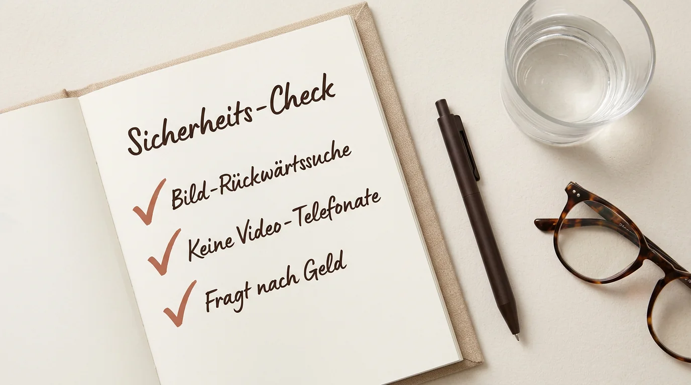 Checkliste zur Entlarvung von Romance Scammmern mit Punkten wie Bildersuche und verdächtigen Geldforderungen.