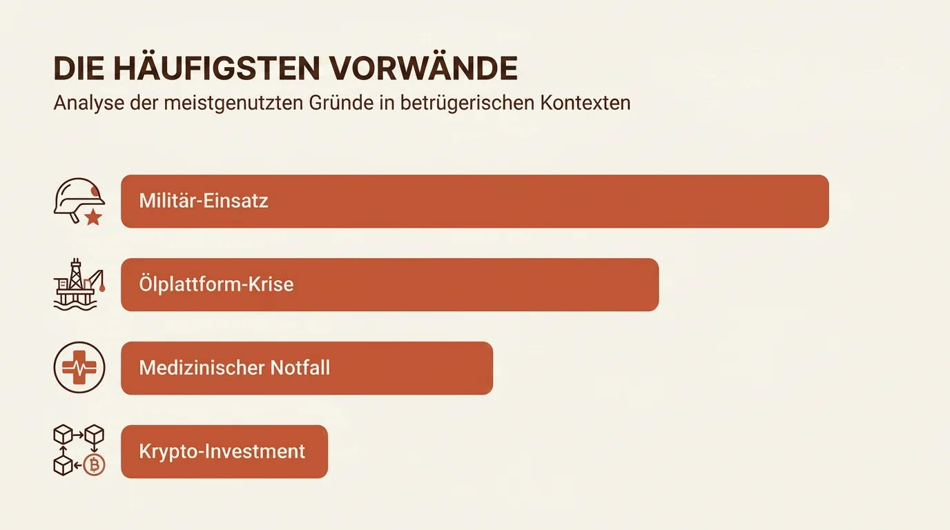 Balkendiagramm der häufigsten Vorwände bei Love Scamming wie Militär-Einsätze, Ölplattformen und Krypto-Investments.