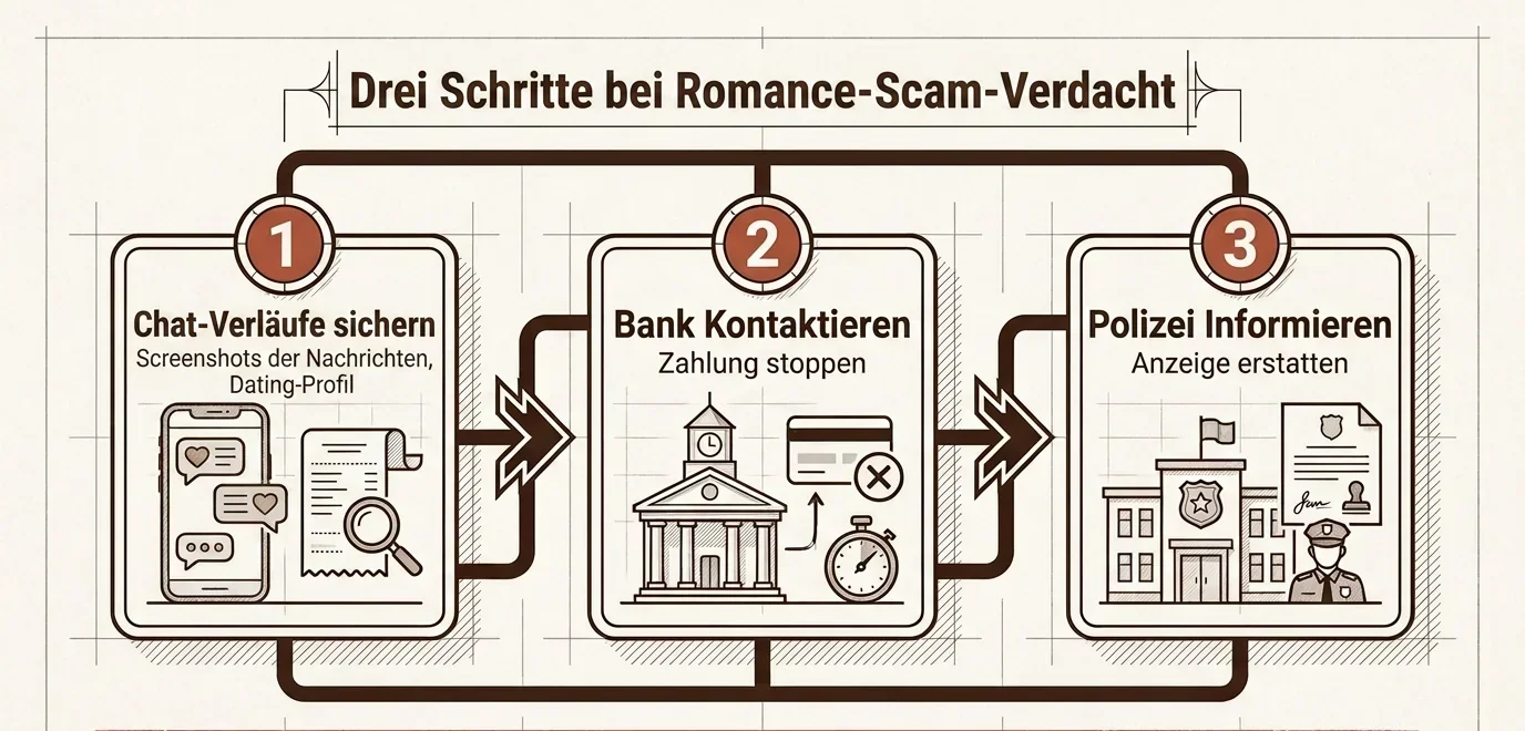 Schritt-für-Schritt Anleitung für Opfer von Love Scamming: Beweise sichern, Bank kontaktieren und Anzeige bei der Polizei erstatten.