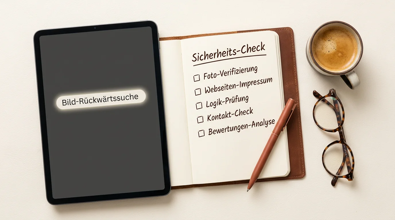 Flat-lay eines Schreibtisches mit Tablet und Checkliste zur Verifizierung von Dating-Profilen und Fotos mittels Bilderrückwärtssuche.