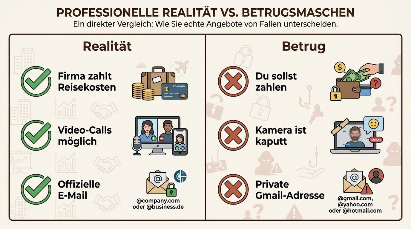 Vergleichstabelle zwischen der beruflichen Realität eines Ingenieurs und den typischen Ausreden von Betrügern beim Ölbohrinsel-Scam.
