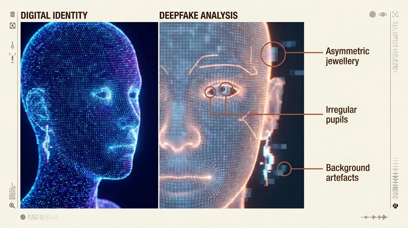 Infographic on how to spot AI-generated fake profiles, with tips on looking for asymmetrical features and background errors.
