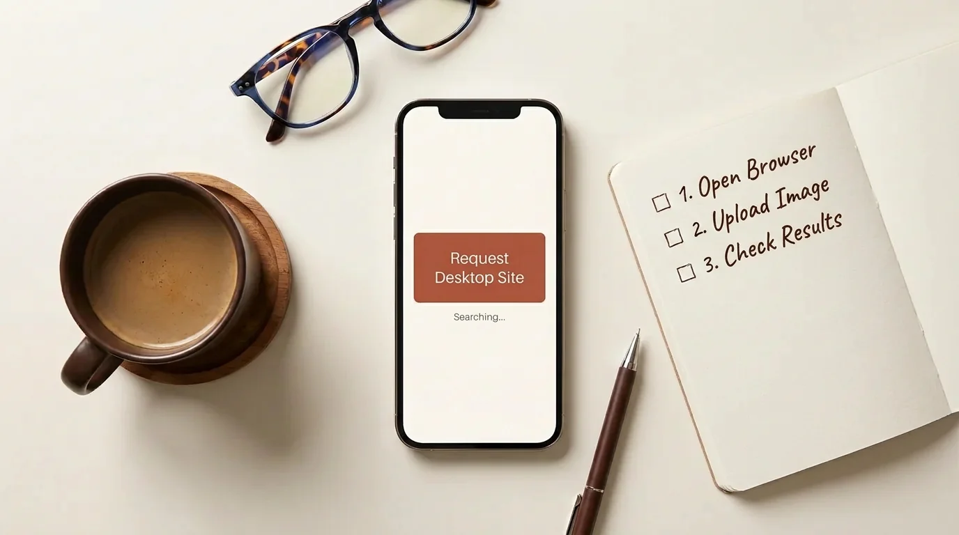 Flat lay of a smartphone showing instructions for a mobile reverse image search and how to activate the desktop view.