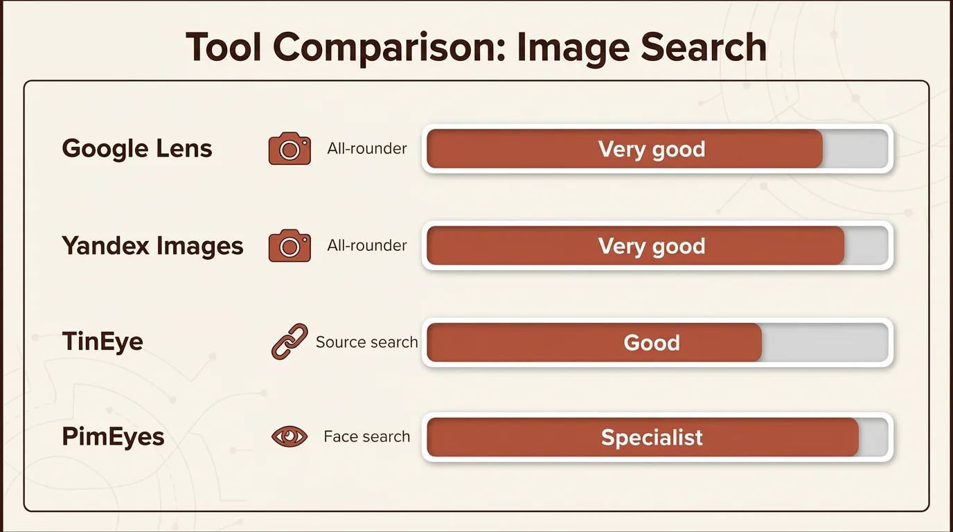 Comparison table of the best tools for reverse image searching, including Google Lens, Yandex and PimEyes, with an effectiveness rating.
