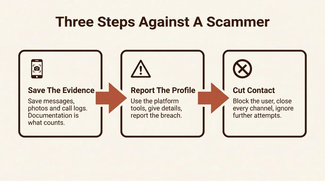 Process diagram with three steps to take after unmasking a fake profile: save evidence, report the profile, and cut off contact.