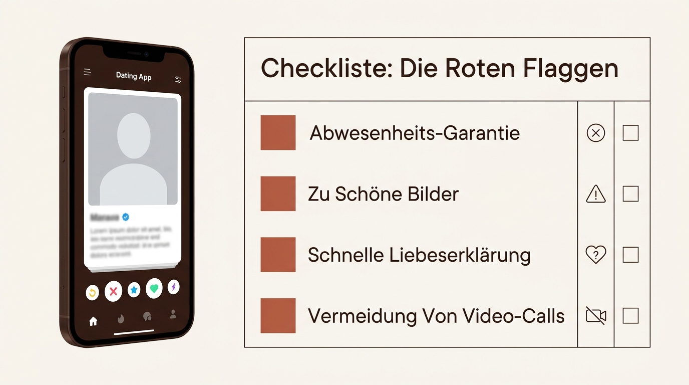 Checkliste für Romance Scam Anzeichen mit Punkten wie Abwesenheitsgarantie und schnelle Liebeserklärungen auf beige-farbenem Hintergrund.