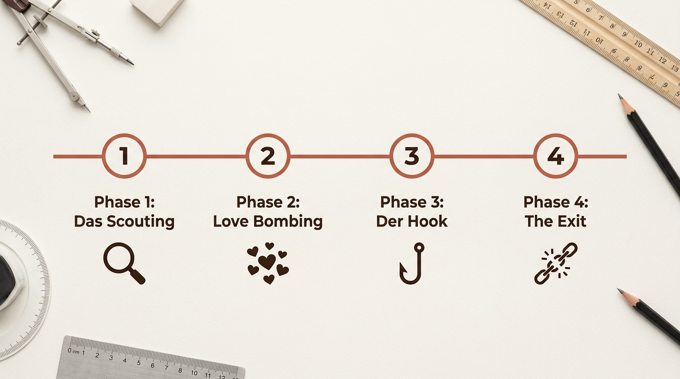 Eine Infografik zum Ablauf eines Romance Scams mit den Phasen Scouting, Love Bombing, Hook und Forderung in den Markenfarben Beige und Terrakotta.
