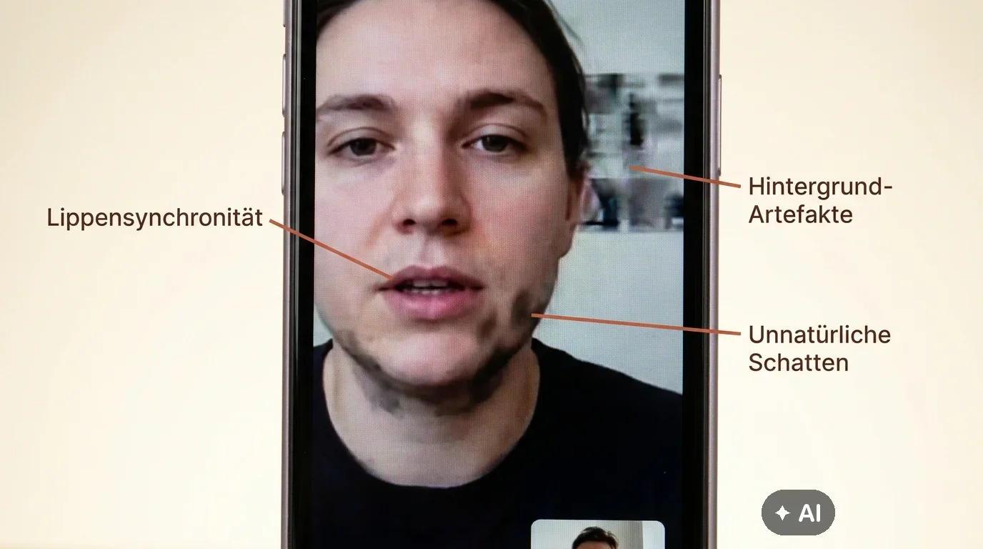 Detailansicht eines Smartphones mit Hinweisen zur Erkennung von KI-Deepfakes wie unnatürlichen Schatten und fehlender Lippensynchronität.