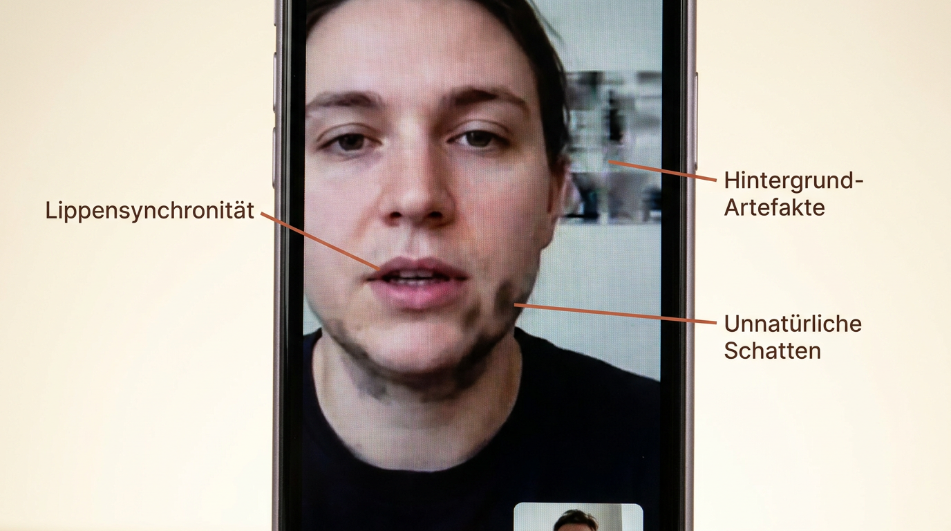 Detailansicht eines Smartphones mit Hinweisen zur Erkennung von KI-Deepfakes wie unnatürlichen Schatten und fehlender Lippensynchronität.