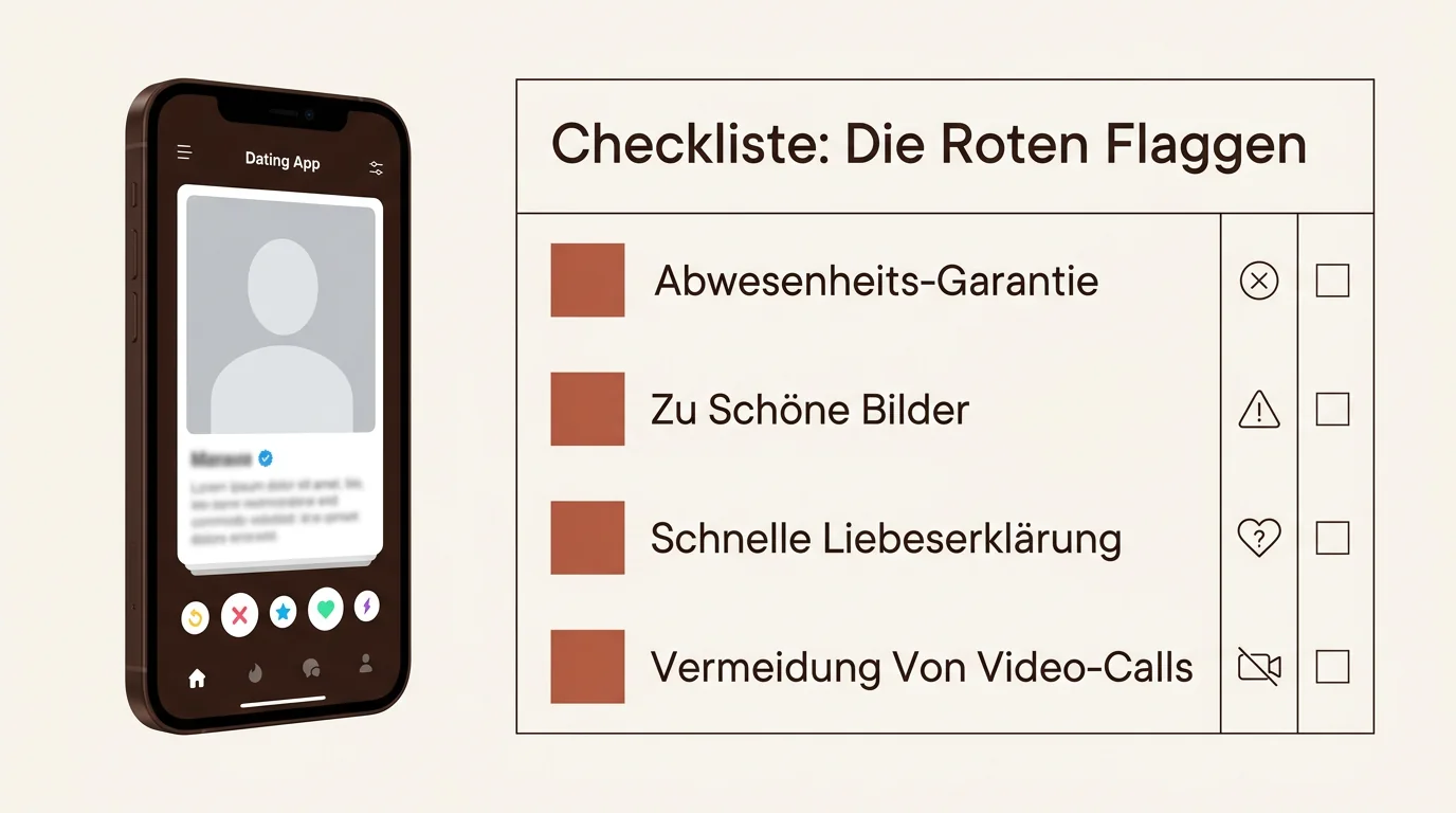 Checkliste für Romance Scam Anzeichen mit Punkten wie Abwesenheitsgarantie und schnelle Liebeserklärungen auf beige-farbenem Hintergrund.