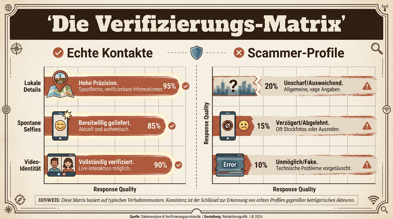 Eine Vergleichs-Matrix zwischen echten Kontakten und Scammern basierend auf Antworten zu lokalen Details und Video-Identität.
