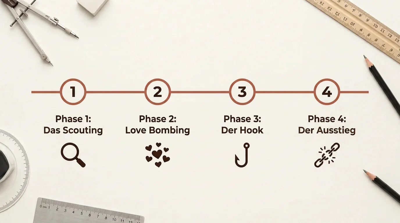 Eine Infografik zum Ablauf eines Romance Scams mit den Phasen Scouting, Love Bombing, Hook und Forderung in den Markenfarben Beige und Terrakotta.