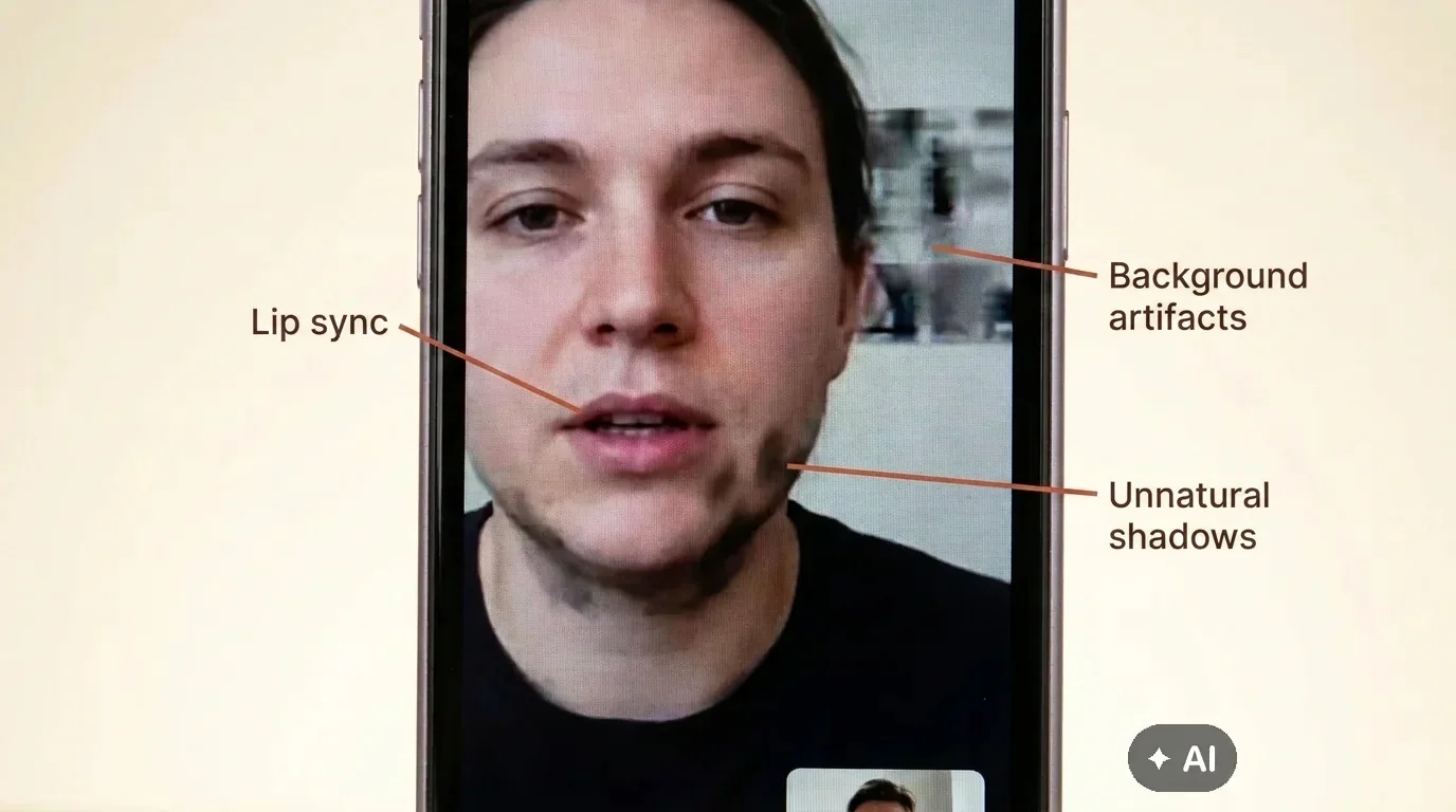 A close-up of a smartphone showing tips for detecting AI deepfakes, such as unnatural shadows and a lack of lip-sync.