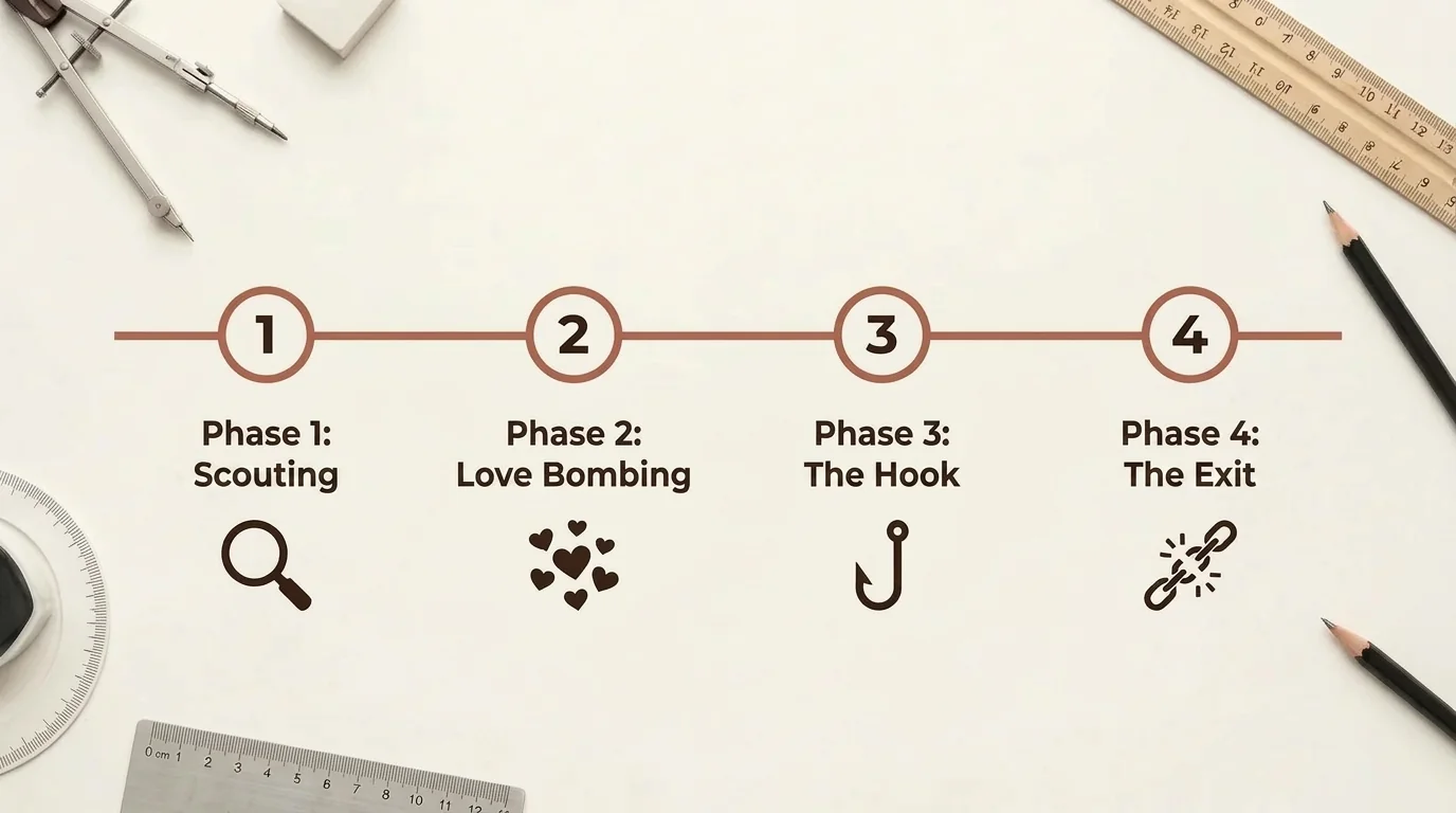An infographic showing the stages of a romance scam, including scouting, love bombing, the hook, and the demand, in brand colours of beige and terracotta.