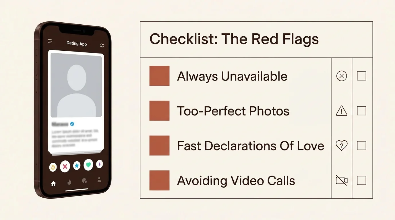 A checklist of romance scam signs, including points like 'guaranteed absence' and quick declarations of love, on a beige background.