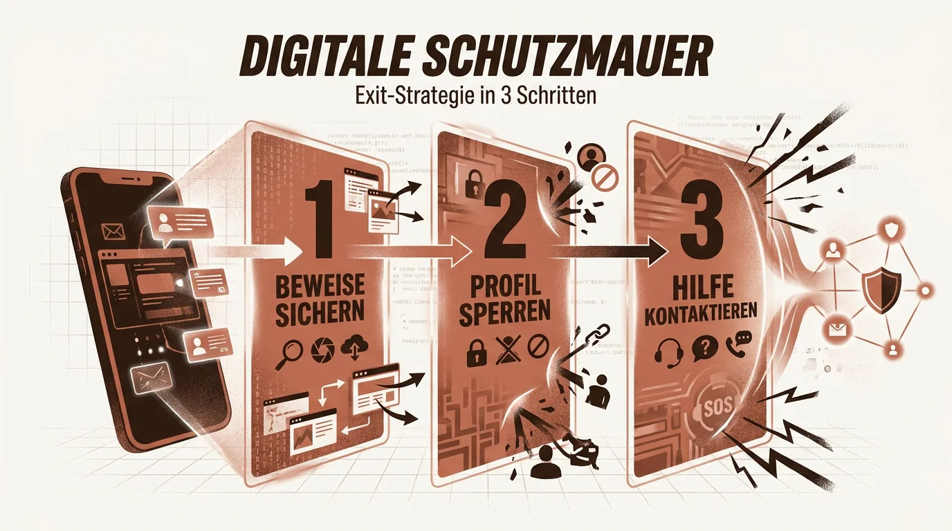Eine Infografik zur Exit-Strategie bei Stalking, die Schritte wie Beweissicherung und Profilsperrung visualisiert.