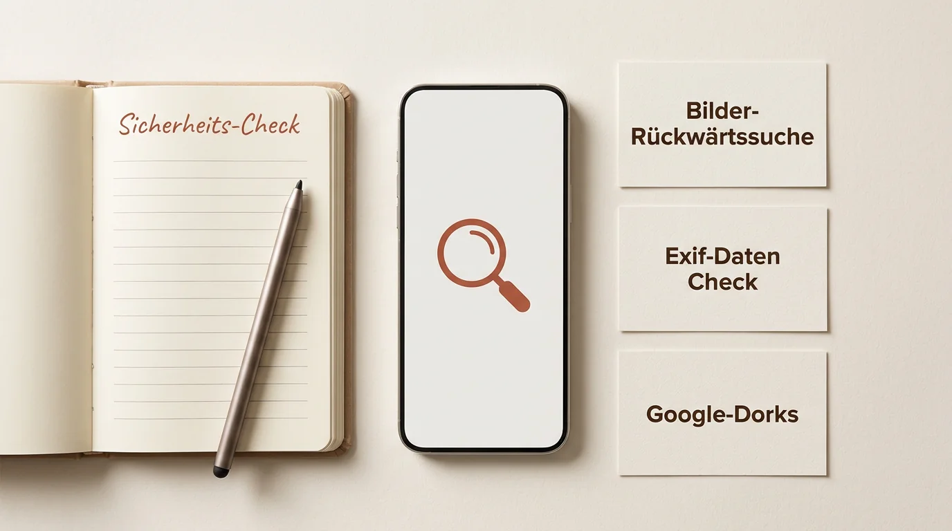 Ein Flat-Lay-Arrangement mit Tools für den digitalen Selbst-Check, inklusive Bilder-Rückwärtssuche und Exif-Daten-Prüfung.