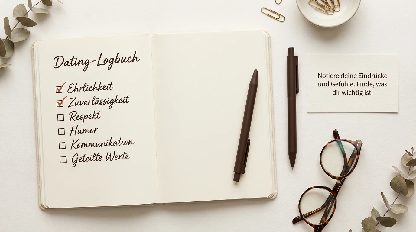 Overhead-Foto eines Notizbuchs mit der Aufschrift Dating-Logbuch, umgeben von minimalistischen Objekten in Terracotta- und Brauntönen.