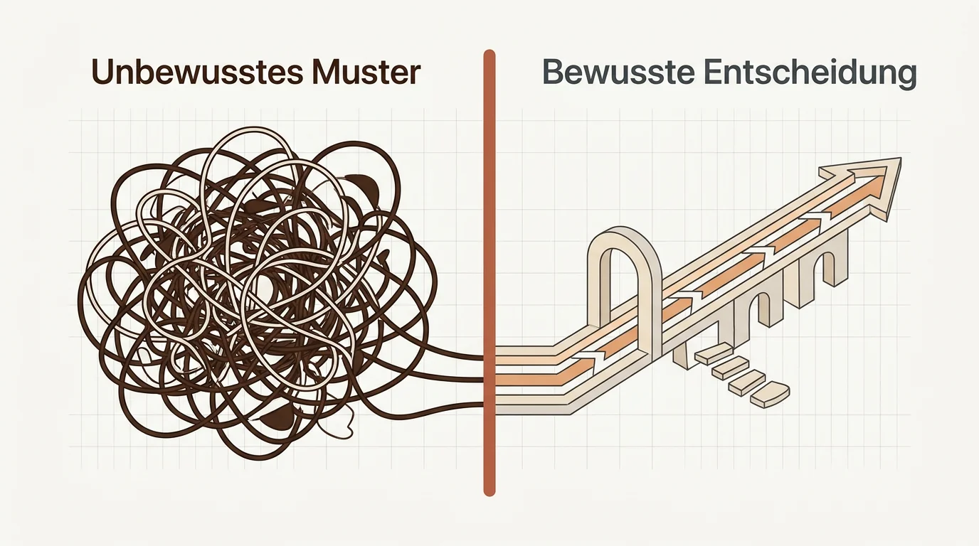 Infografik zum Beuteschema-Wechsel: Ein Flussdiagramm zeigt den Weg von unbewussten Dating-Mustern hin zu einer bewussten Partnerwahl in Markenfarben.