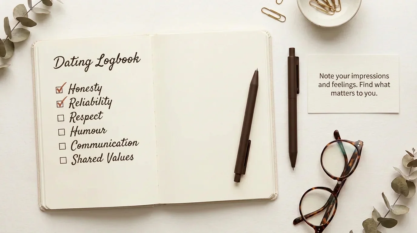 Overhead photo of a notebook with 'Dating Logbook' written on it, surrounded by minimalist objects in terracotta and brown tones.
