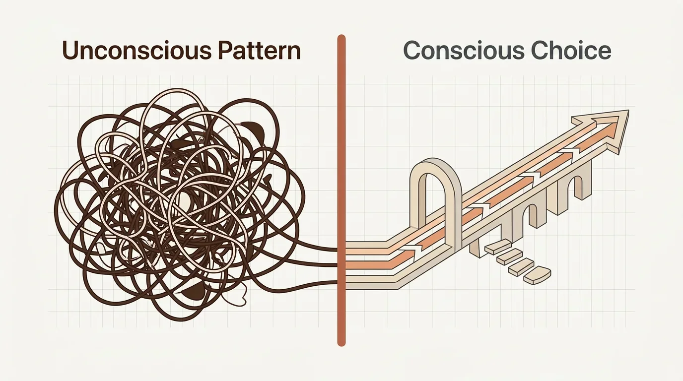 Infographic on changing your dating pattern: A flowchart in brand colours shows the path from unconscious dating patterns to a conscious choice of partner.