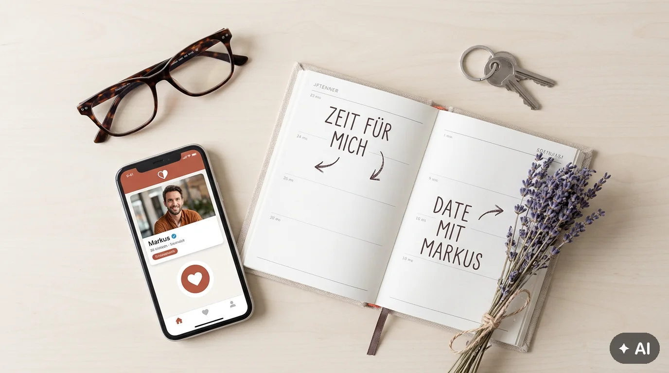 Flachbild-Anordnung eines Planers, Smartphones und einer Brille, die Zeitmanagement für Dating und Privatleben ab 50 symbolisiert.