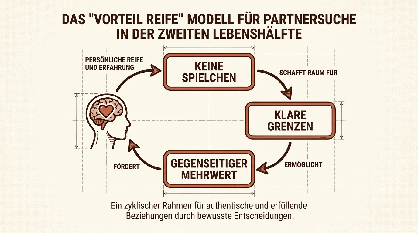 Ein Diagramm zum Entscheidungsprozess beim Dating ab 50 mit den Punkten Keine Spielchen, Klare Grenzen und Gegenseitiger Mehrwert.