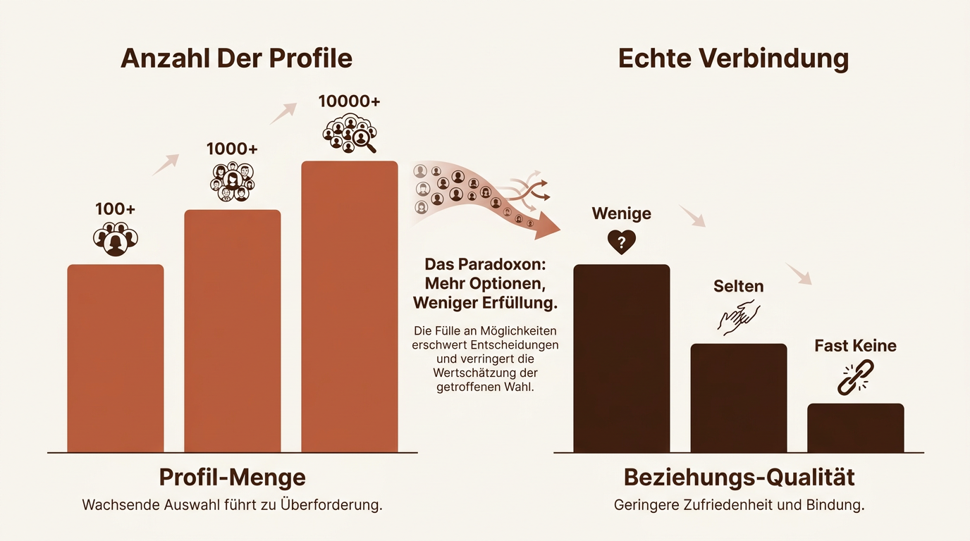 Balkendiagramm zum Paradoxon der Wahl im Online-Dating, das hohe Profil-Mengen geringer Beziehungs-Qualität gegenüberstellt.