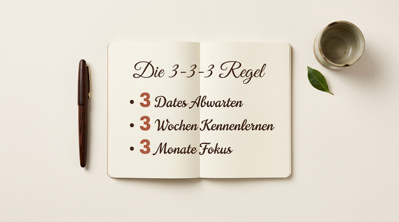 Flachbild-Arrangement eines Notizbuchs mit der Aufschrift Die 3-3-3 Regel und Schritten für achtsames Dating.