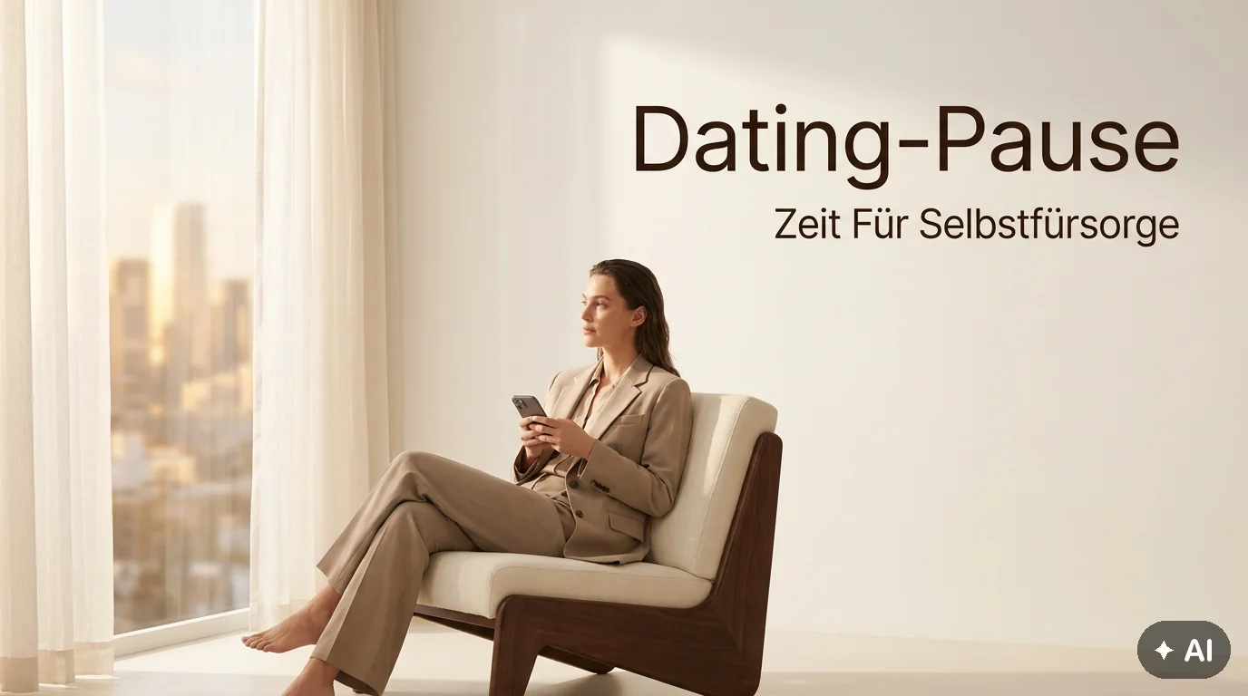 Eine Person sitzt nachdenklich in einem hellen Raum und hält ihr Smartphone, darüber steht der Text Dating-Pause und Zeit Für Selbstfürsorge.